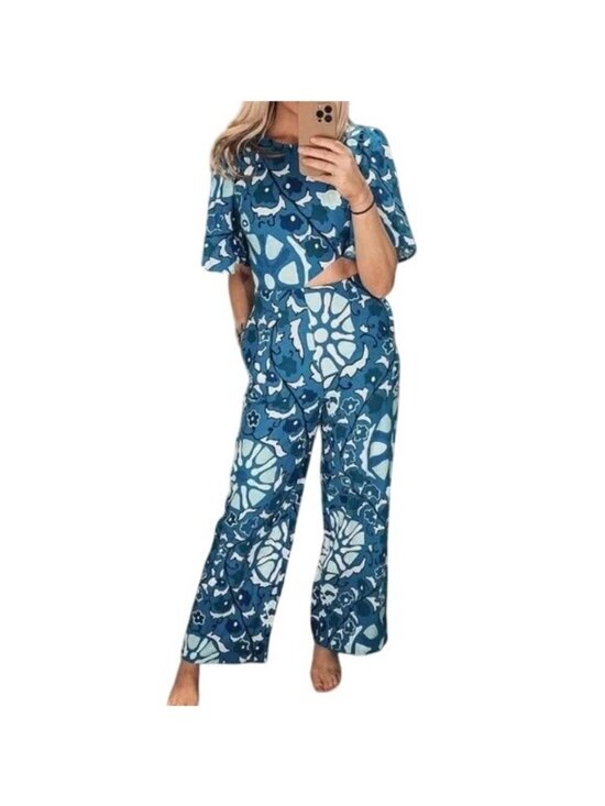 RHODE Pants - RHODE Zinnia Blue Floral Linen Cut Out Wide Leg Jumpsuit